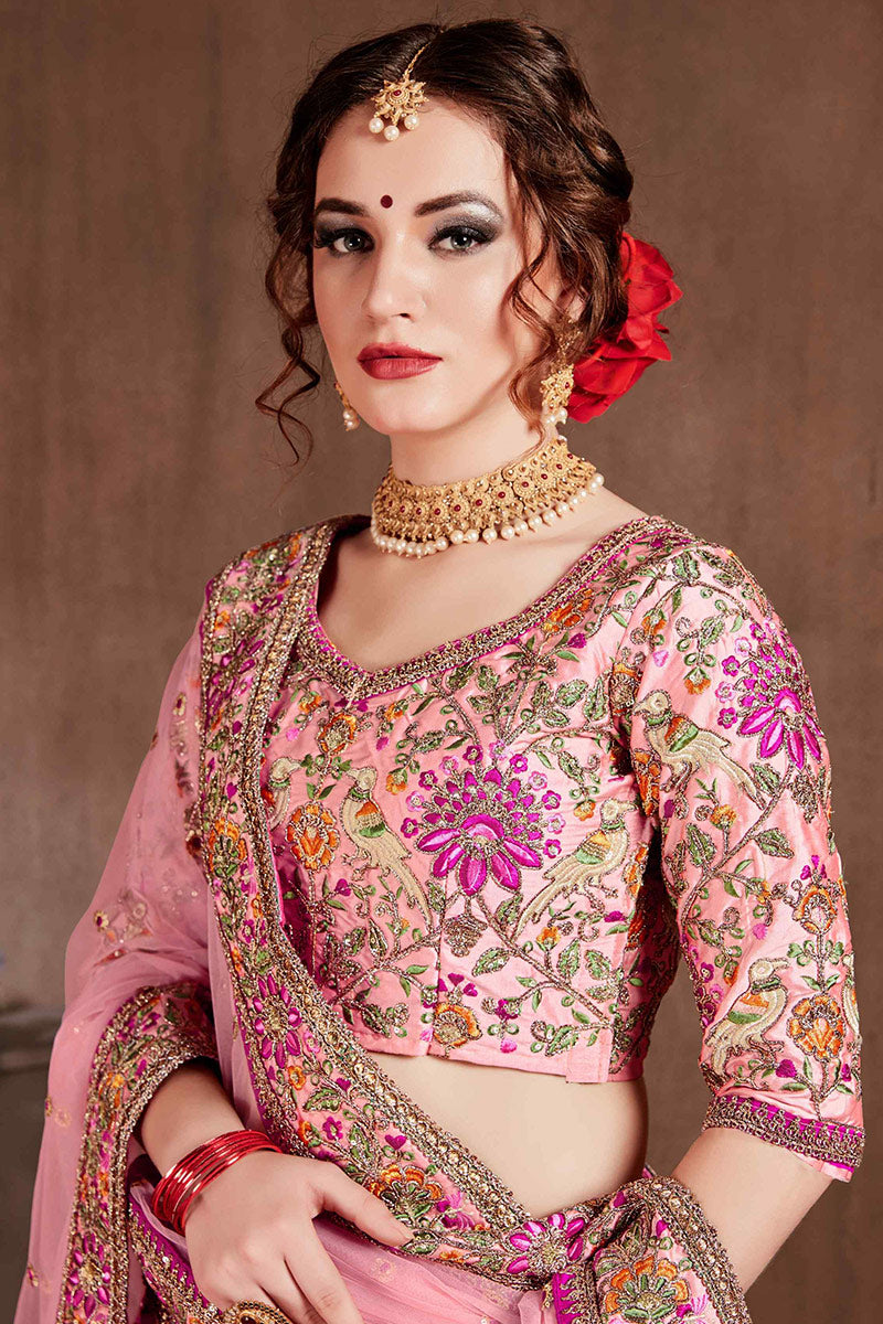 Embroidered Light Pink Silk Lehenga Set with Mirror & Sequin Detailing PR