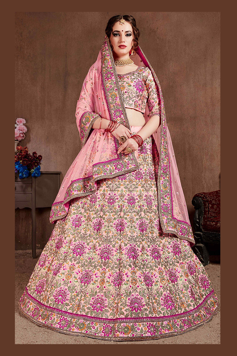 Embroidered Light Pink Silk Lehenga Set with Mirror & Sequin Detailing PR