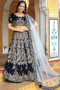 Reception Wear Velvet Navy Blue Lehenga Set with Embroidery Work PR