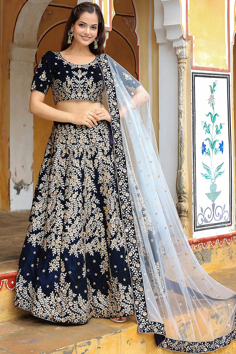 Reception Wear Velvet Navy Blue Lehenga Set with Embroidery Work PR