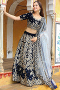 Reception Wear Velvet Navy Blue Lehenga Set with Embroidery Work PR