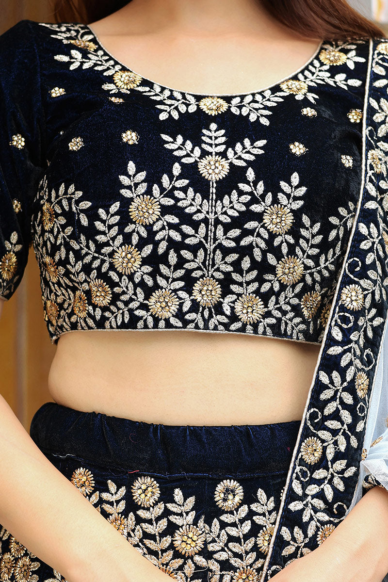 Reception Wear Velvet Navy Blue Lehenga Set with Embroidery Work PR