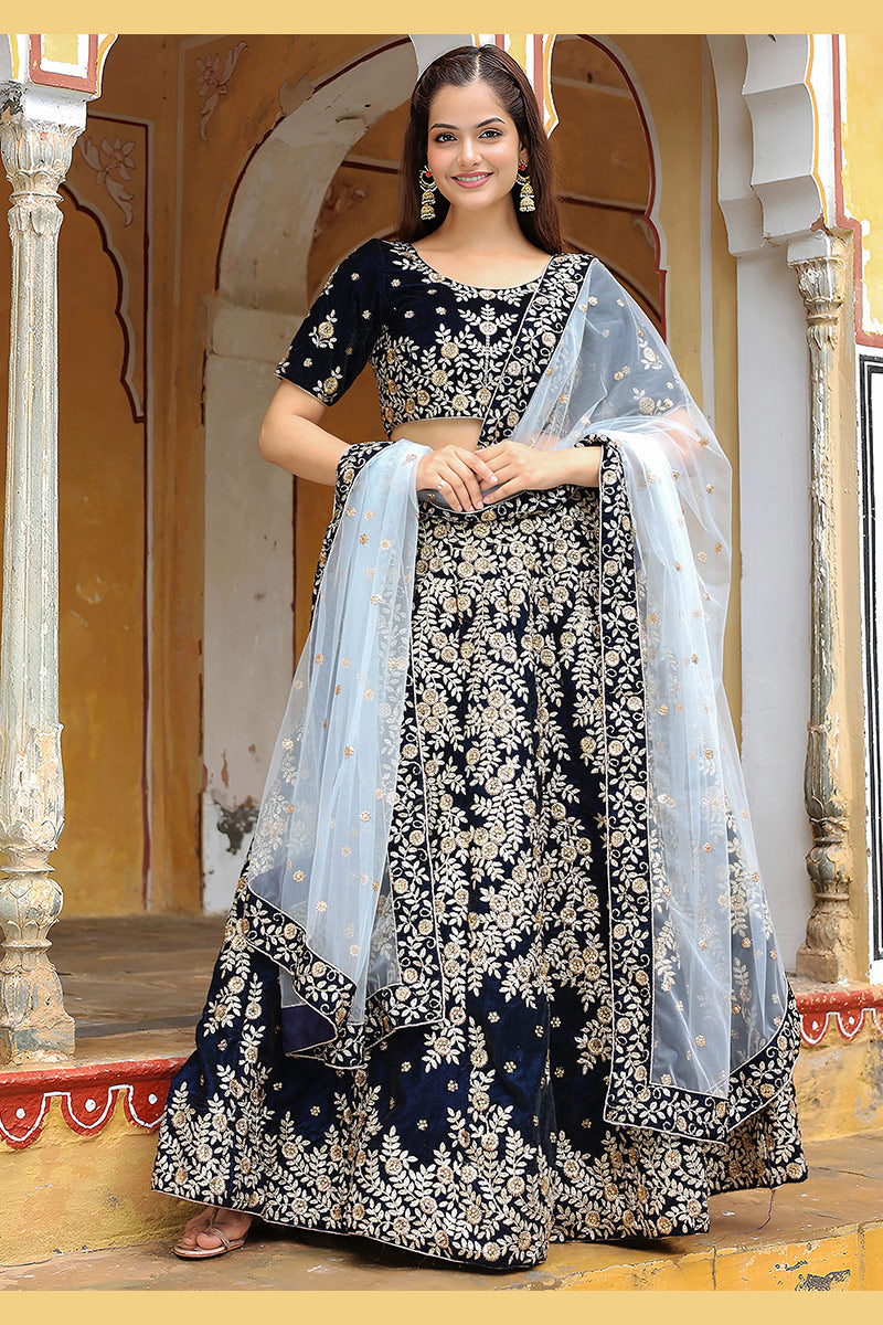 Reception Wear Velvet Navy Blue Lehenga Set with Embroidery Work PR
