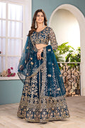Royal Teal Blue Embroidered Net Lehenga with Heavy Zari Work RTI