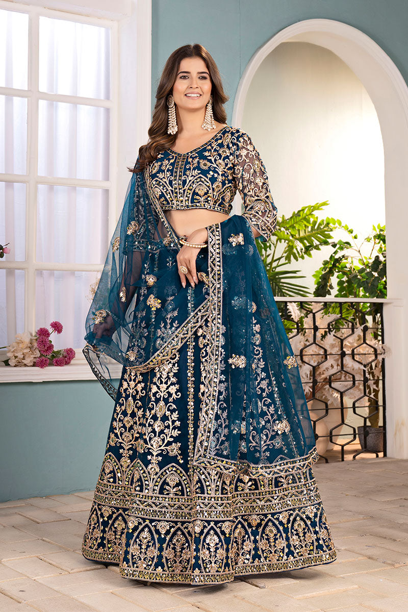 Royal Teal Blue Embroidered Net Lehenga with Heavy Zari Work RTI