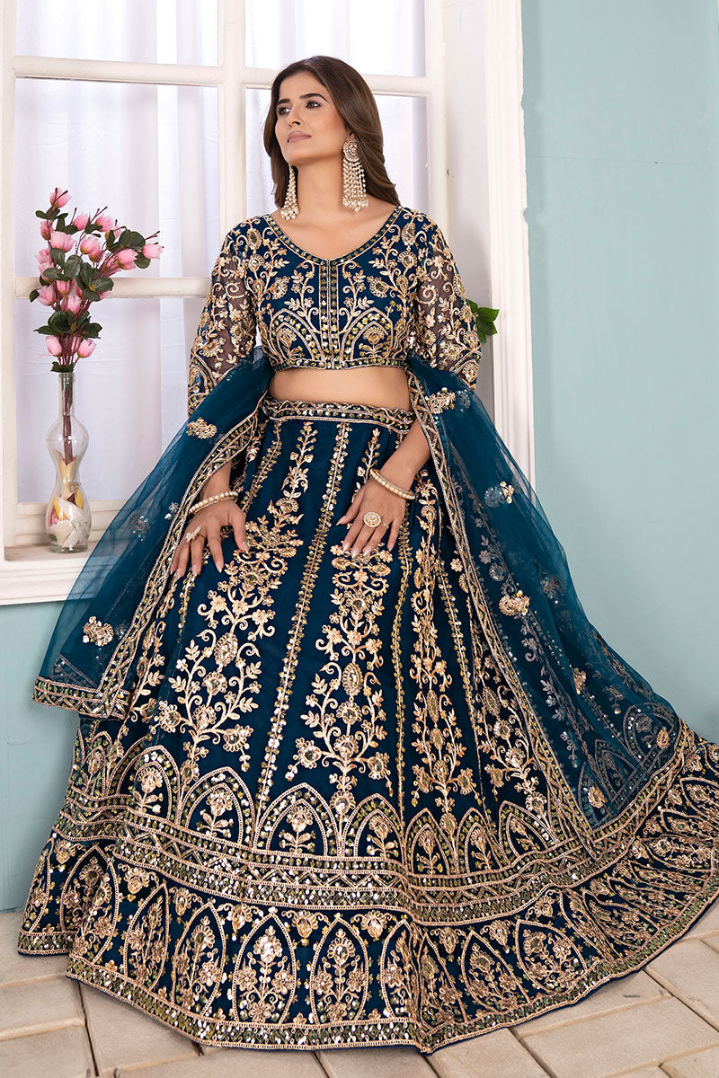 Royal Teal Blue Embroidered Net Lehenga with Heavy Zari Work RTI