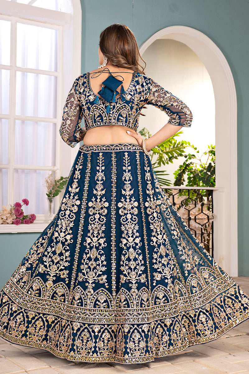 Royal Teal Blue Embroidered Net Lehenga with Heavy Zari Work RTI