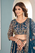 Royal Teal Blue Embroidered Net Lehenga with Heavy Zari Work RTI