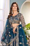 Royal Teal Blue Embroidered Net Lehenga with Heavy Zari Work RTI