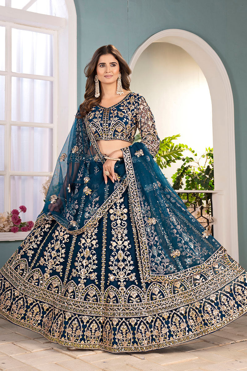 Royal Teal Blue Embroidered Net Lehenga with Heavy Zari Work RTI