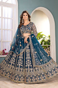 Royal Teal Blue Embroidered Net Lehenga with Heavy Zari Work RTI