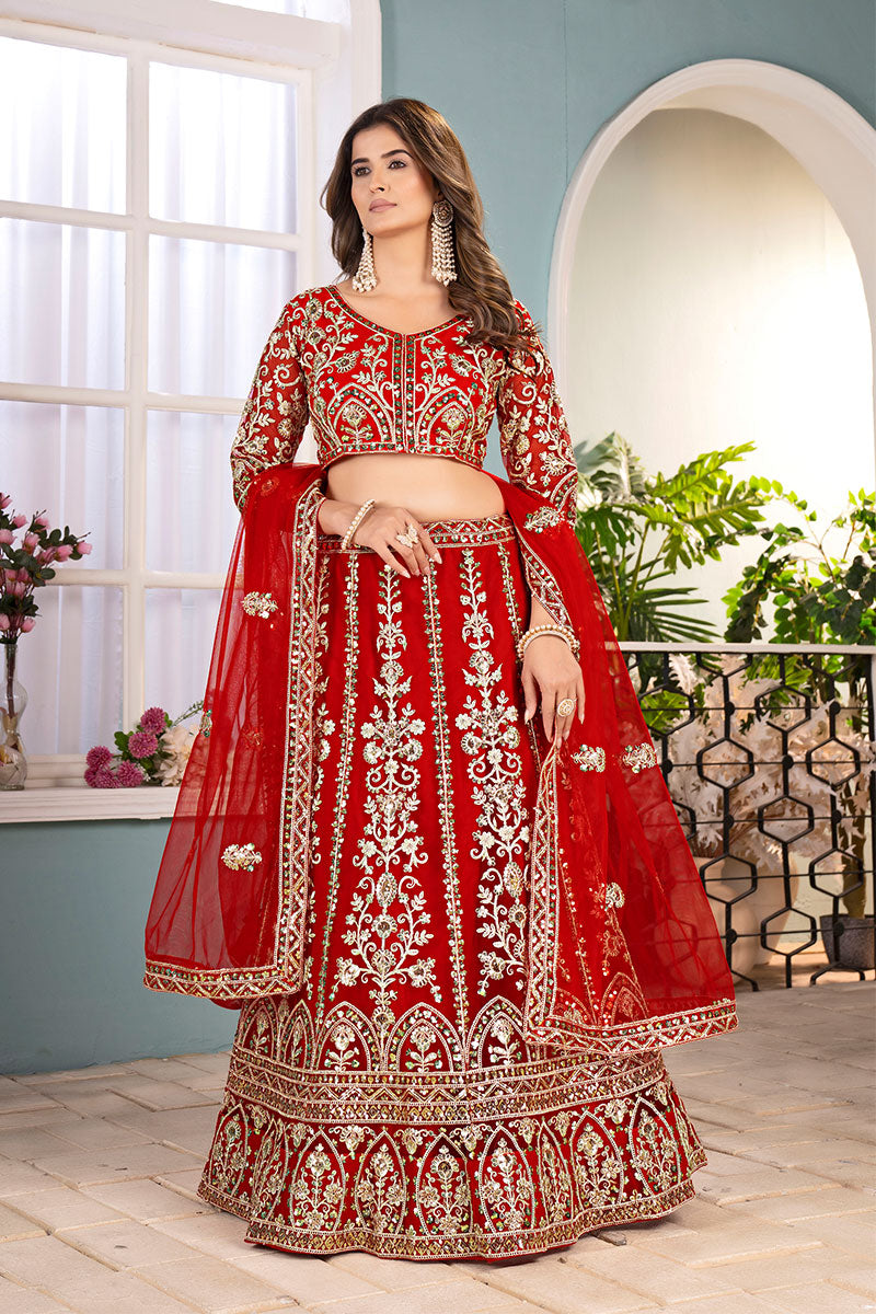 Red Wedding Lehenga Set with Dupatta – Indian Ethnic Wear UK RTI