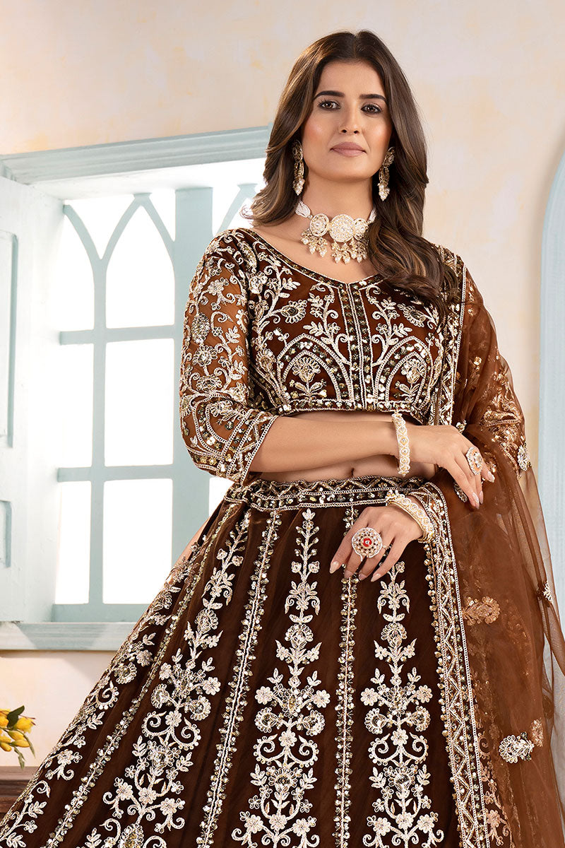 Coffee Lehenga for Bridesmaids & Wedding Guests – Embroidered Elegance RTI
