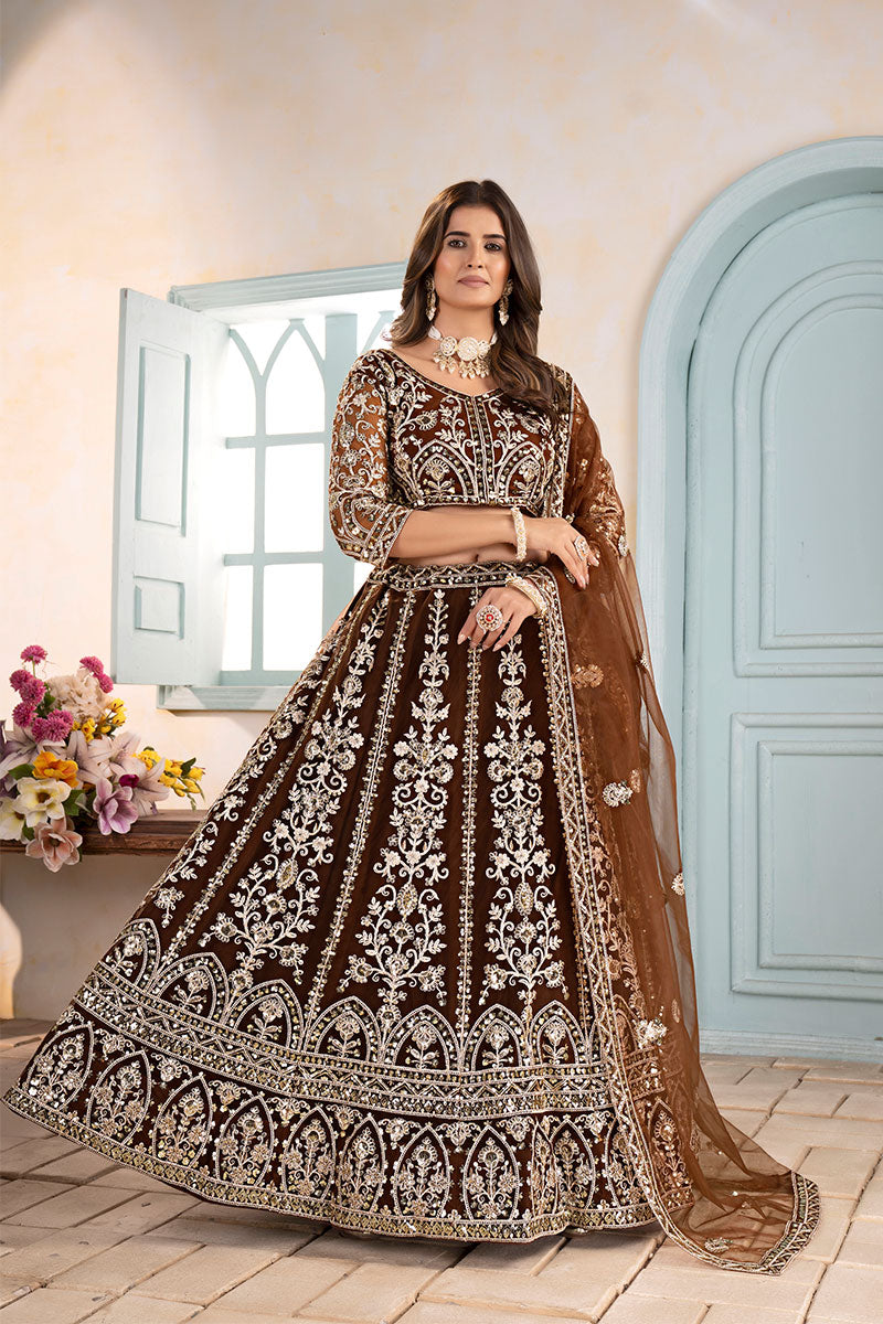 Coffee Lehenga for Bridesmaids & Wedding Guests – Embroidered Elegance RTI