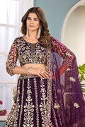 Trendy Wine-Toned Net Lehenga with Gold Work – UK Wedding Wear RTI