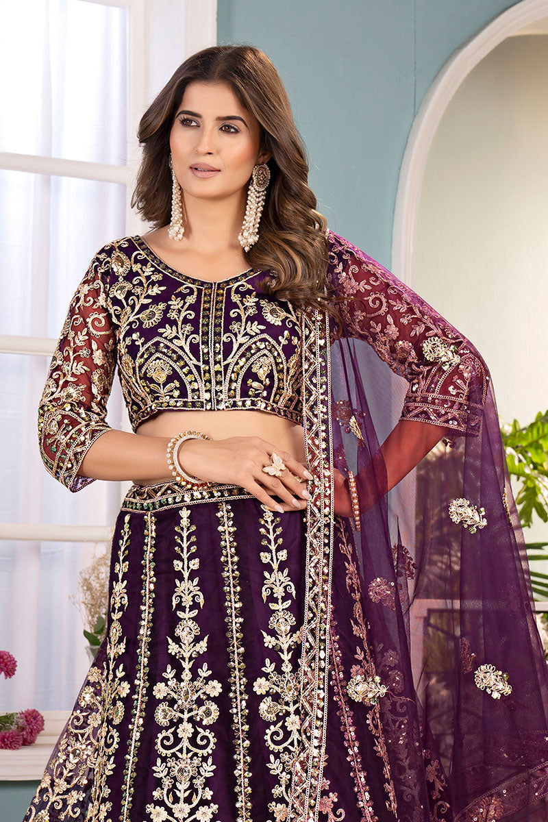 Trendy Wine-Toned Net Lehenga with Gold Work – UK Wedding Wear RTI