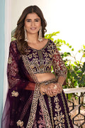 Trendy Wine-Toned Net Lehenga with Gold Work – UK Wedding Wear RTI