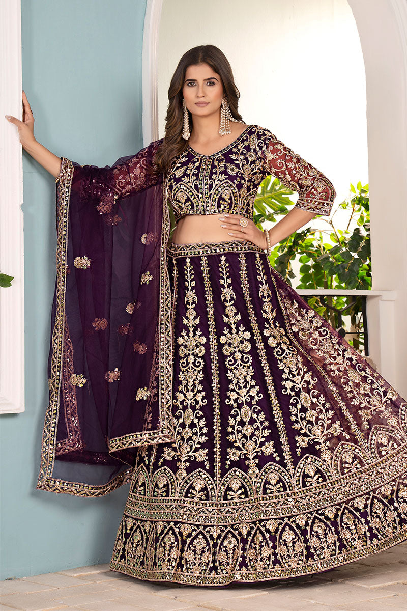 Trendy Wine-Toned Net Lehenga with Gold Work – UK Wedding Wear RTI