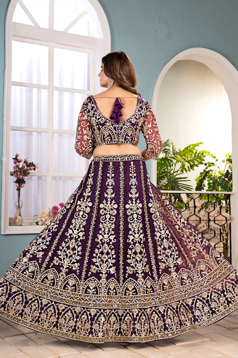 Trendy Wine-Toned Net Lehenga with Gold Work – UK Wedding Wear RTI