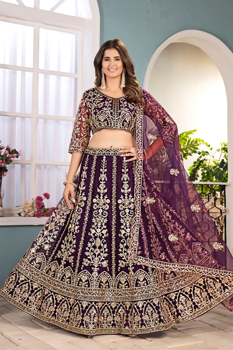 Trendy Wine-Toned Net Lehenga with Gold Work – UK Wedding Wear RTI