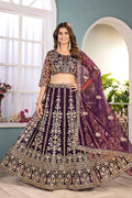 Trendy Wine-Toned Net Lehenga with Gold Work – UK Wedding Wear RTI