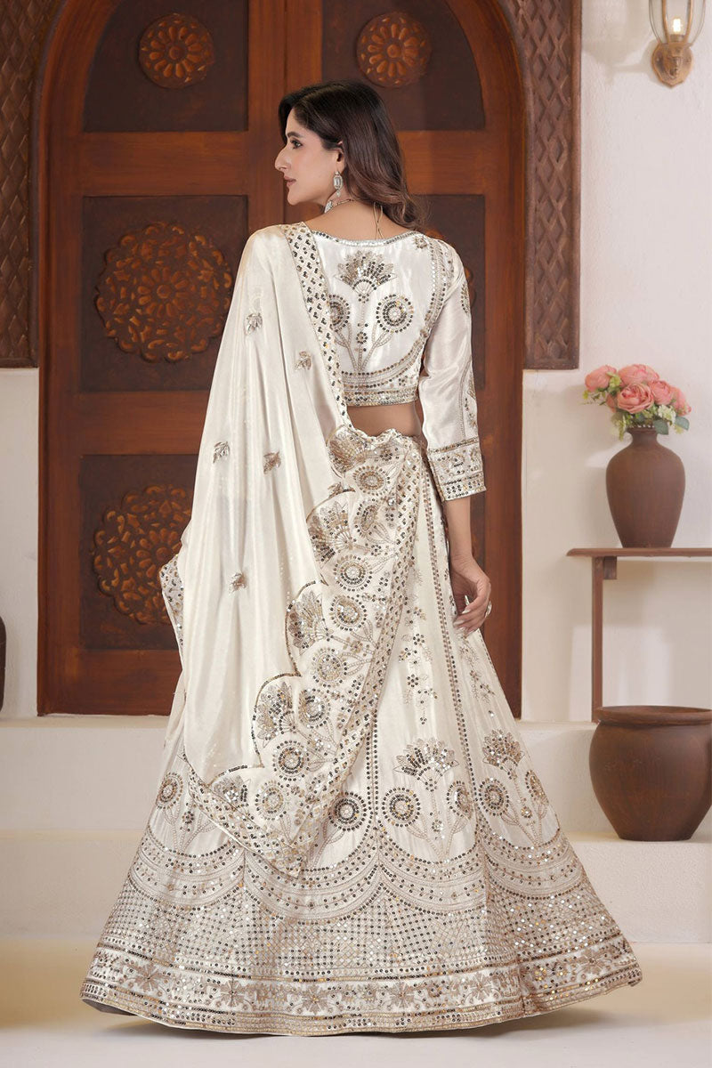 White Silk Bridal Lehenga with Heavy Embroidery & Mirror Work RTI