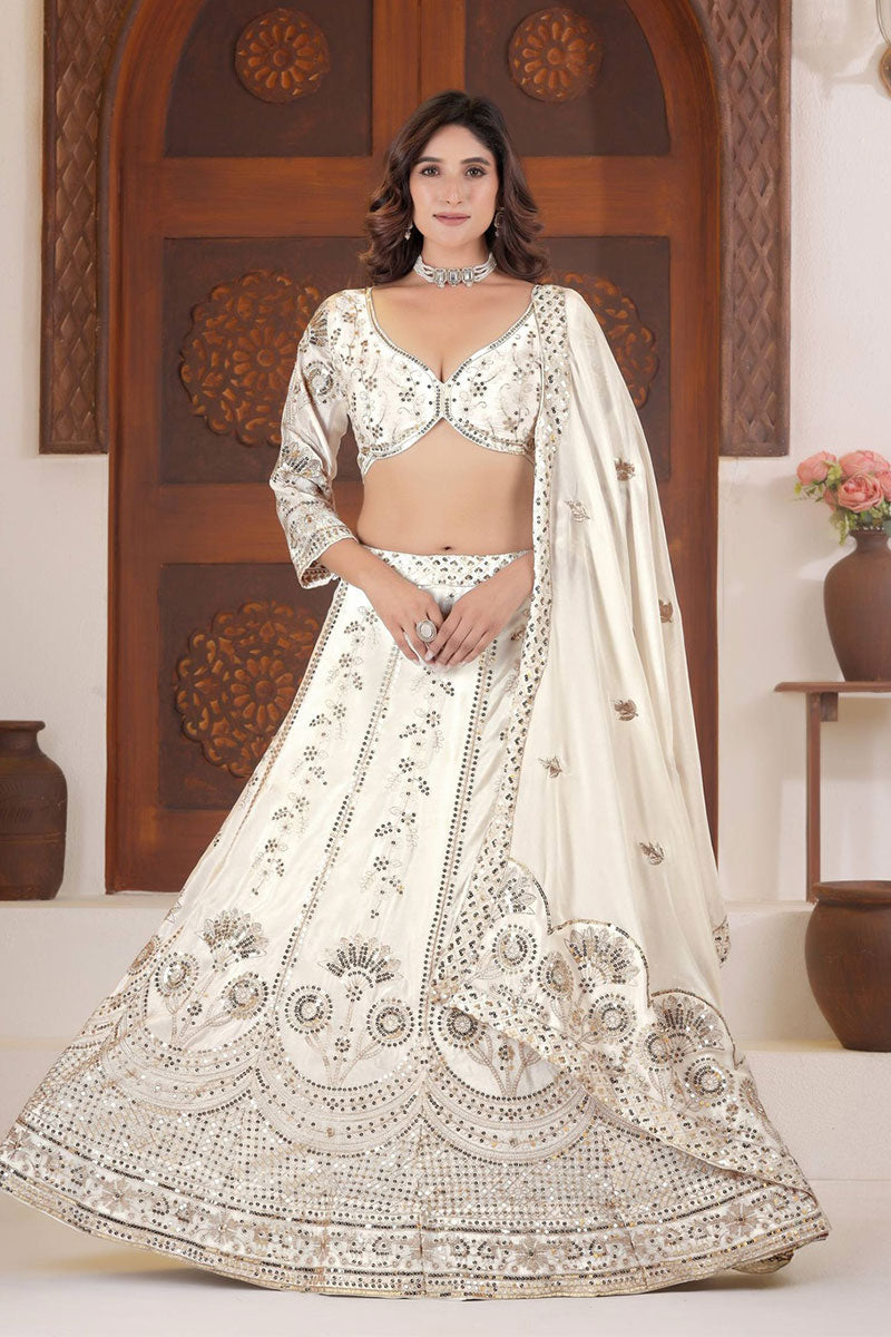 White Silk Bridal Lehenga with Heavy Embroidery & Mirror Work RTI