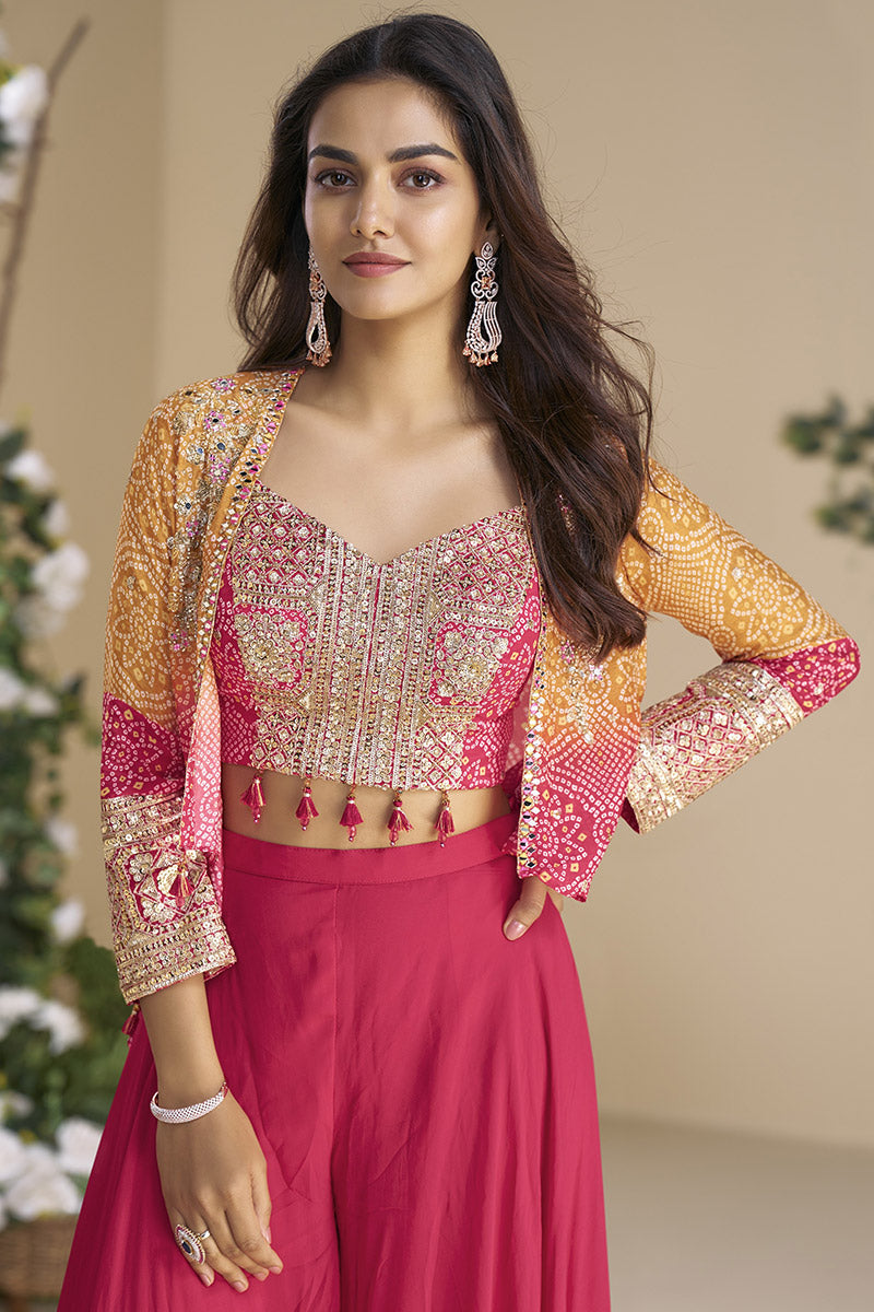 Radiant Pink Embellished Crop Top & Palazzo Set LF