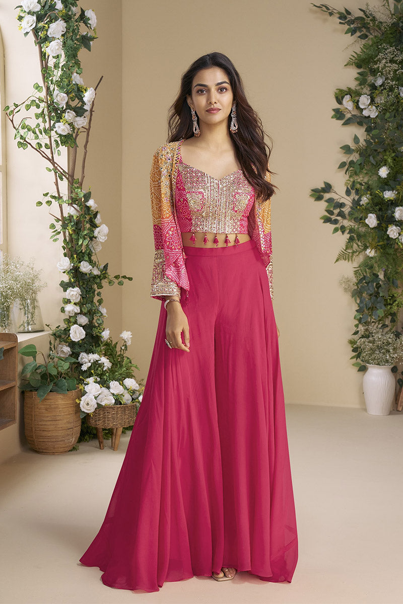 Radiant Pink Embellished Crop Top & Palazzo Set LF