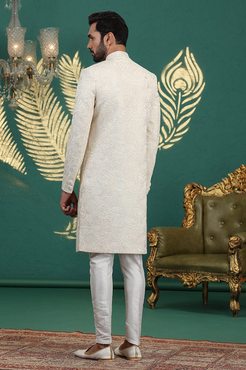 Ivory Embroidered Sherwani with Churidar - Regal Men's Ethnic Wear RTI