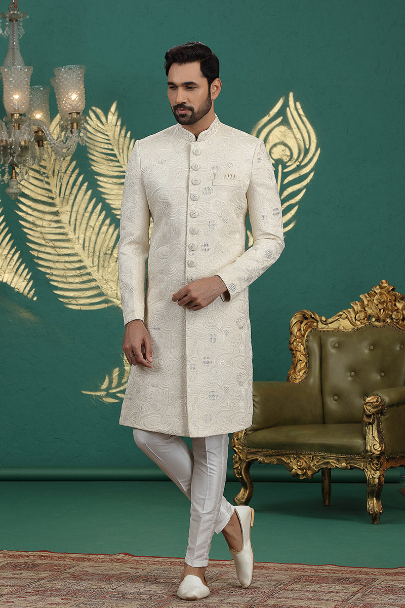 Ivory Embroidered Sherwani with Churidar - Regal Men's Ethnic Wear RTI