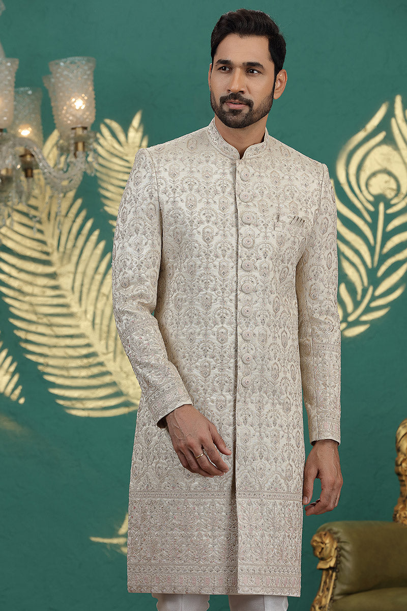 Luxury Beige Sherwani with Fine Embroidery – Wedding Collection PR