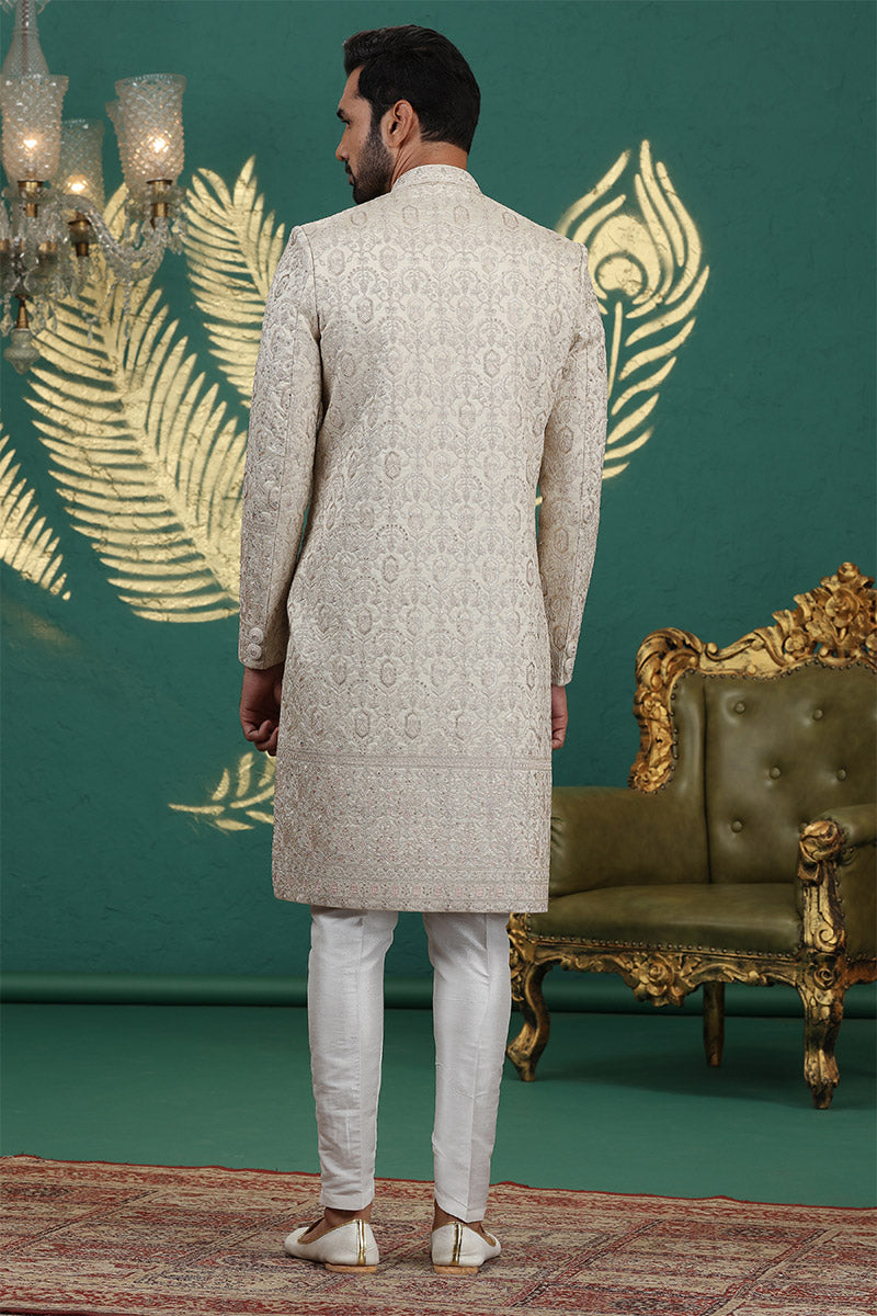 Luxury Beige Sherwani with Fine Embroidery – Wedding Collection PR