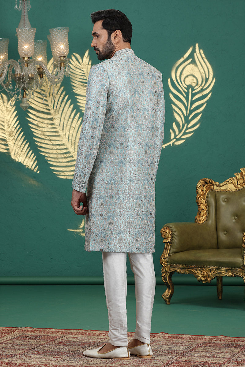 Men’s Firozi Sherwani with Churidar – Embroidered Ethnic Wedding Suit PR