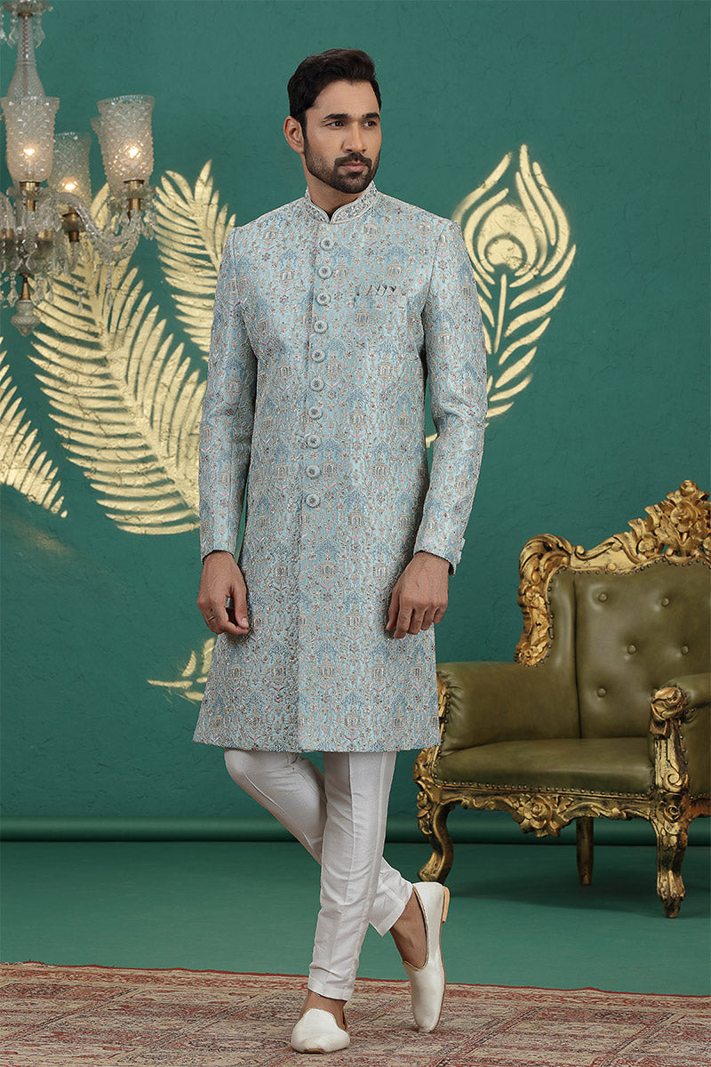 Men’s Firozi Sherwani with Churidar – Embroidered Ethnic Wedding Suit PR