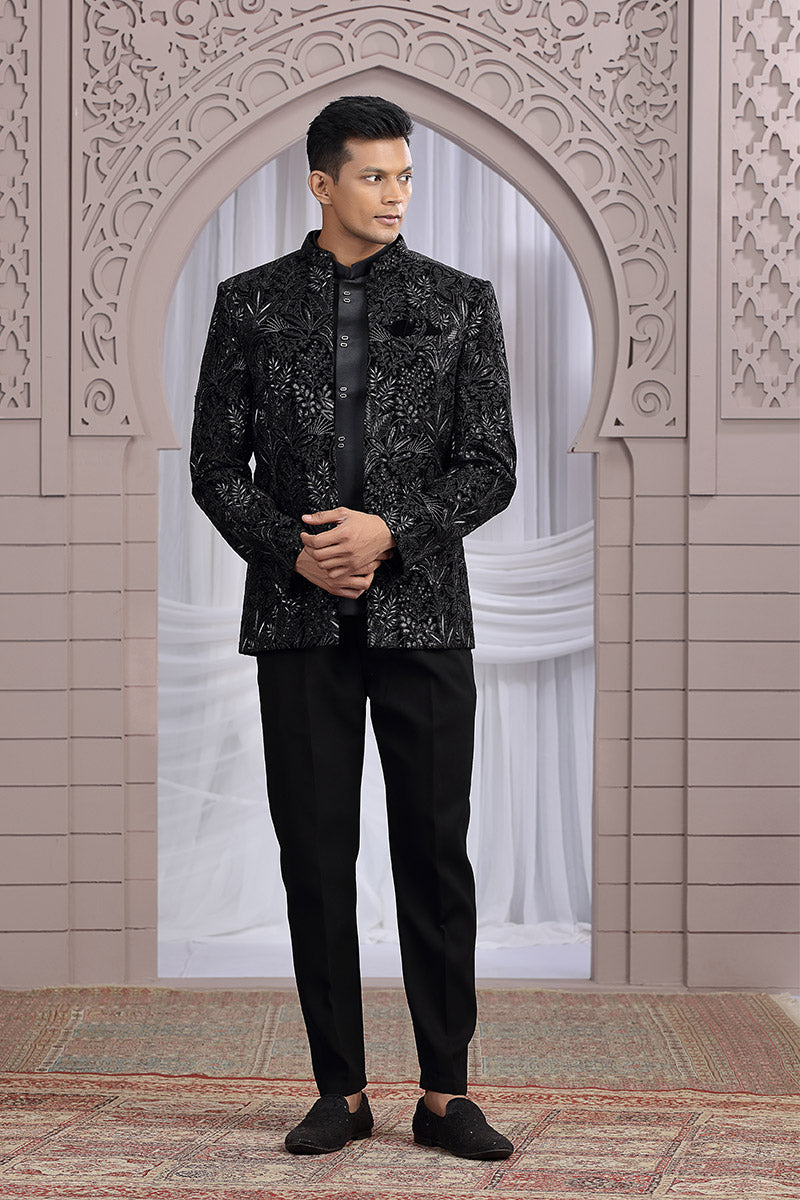 Indian Festive Imported Plain Fabric Jacket – Elegant Black PR