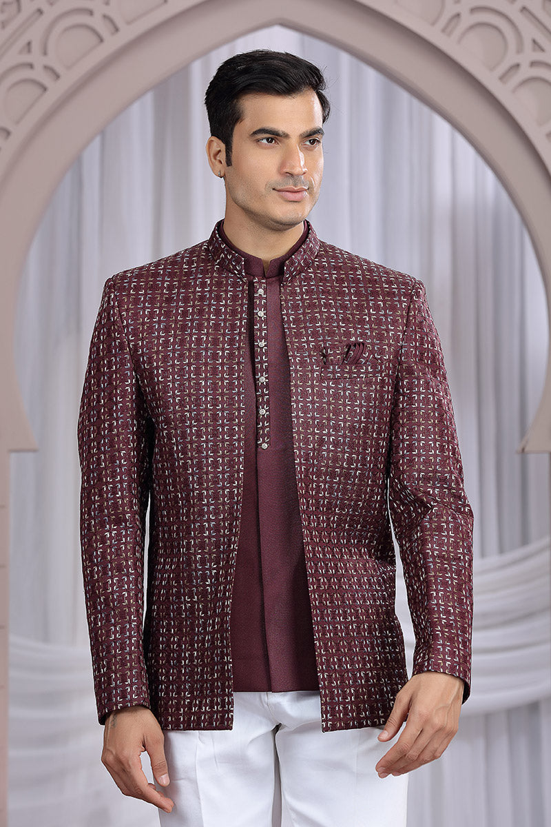 Indian Festive Imported Plain Fabric Jacket – Elegant Wine PR