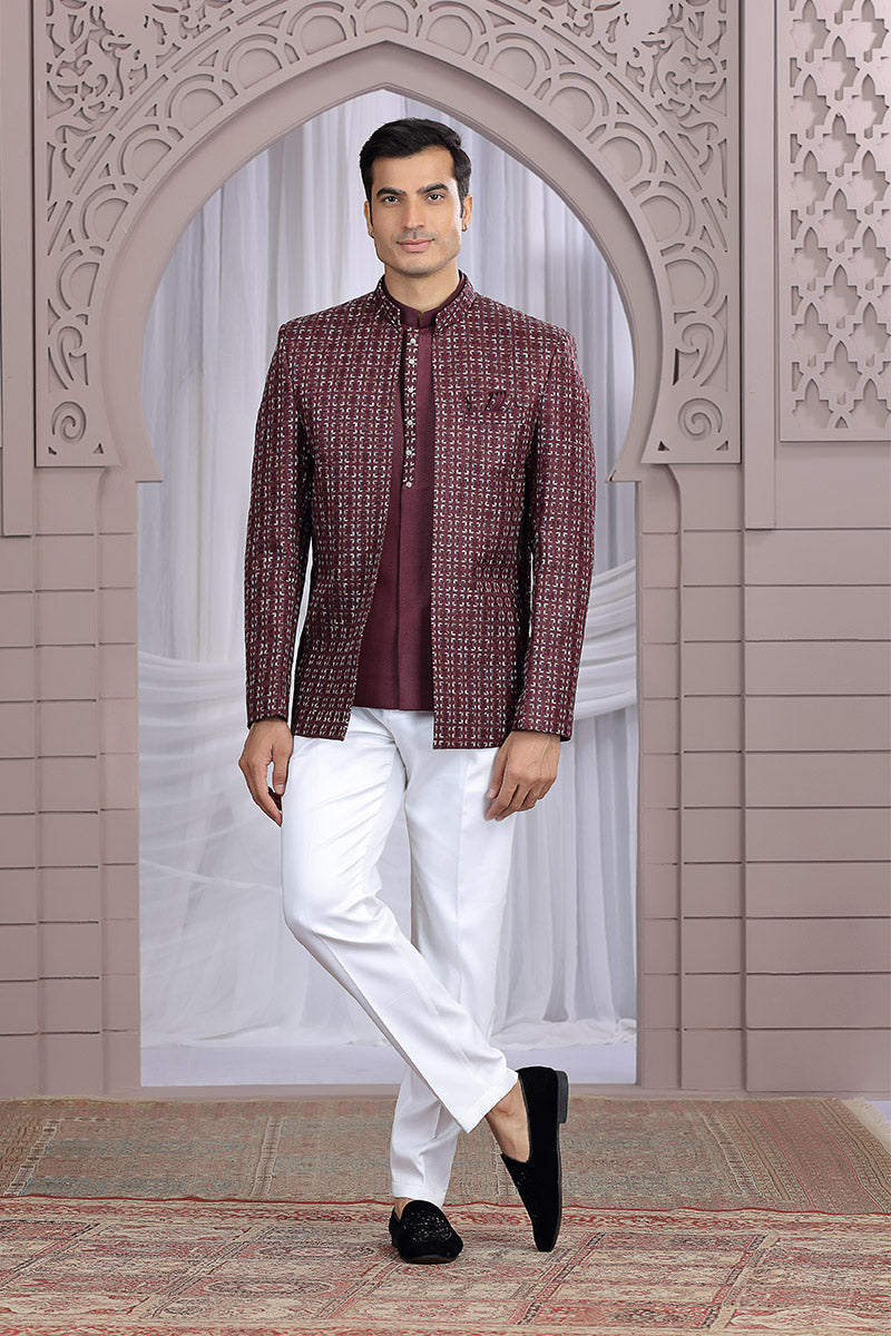 Indian Festive Imported Plain Fabric Jacket – Elegant Wine PR