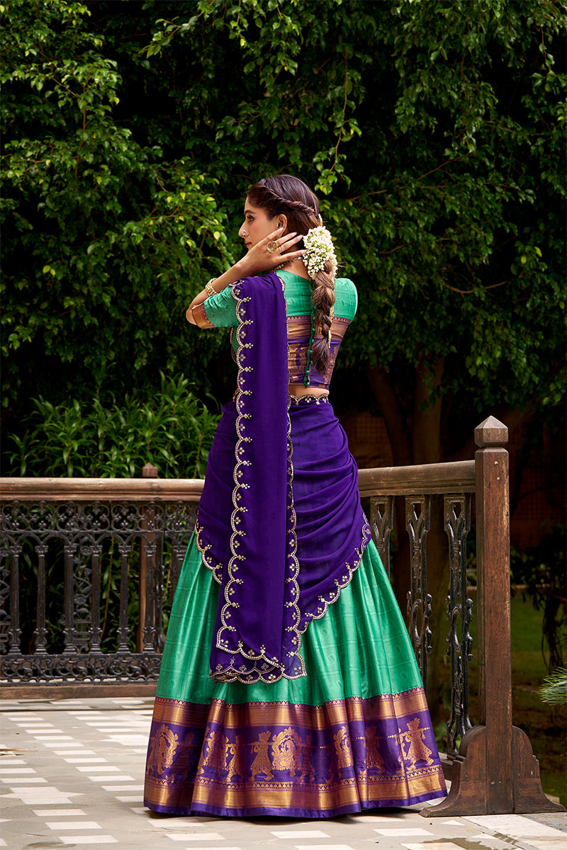 Regal Green & Purple Kanjivaram Silk Lehenga with Embroidered Dupatta PR