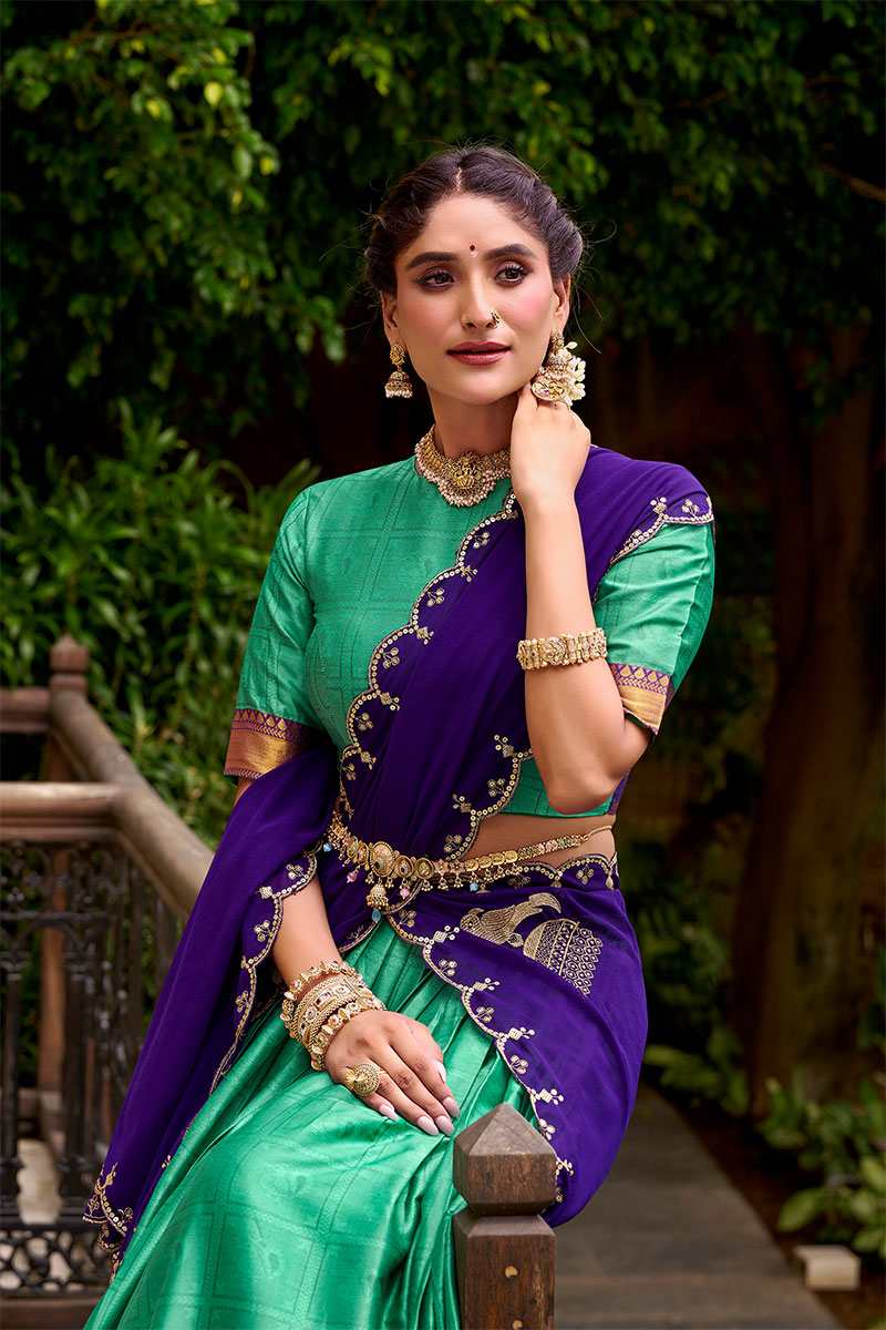 Regal Green & Purple Kanjivaram Silk Lehenga with Embroidered Dupatta PR