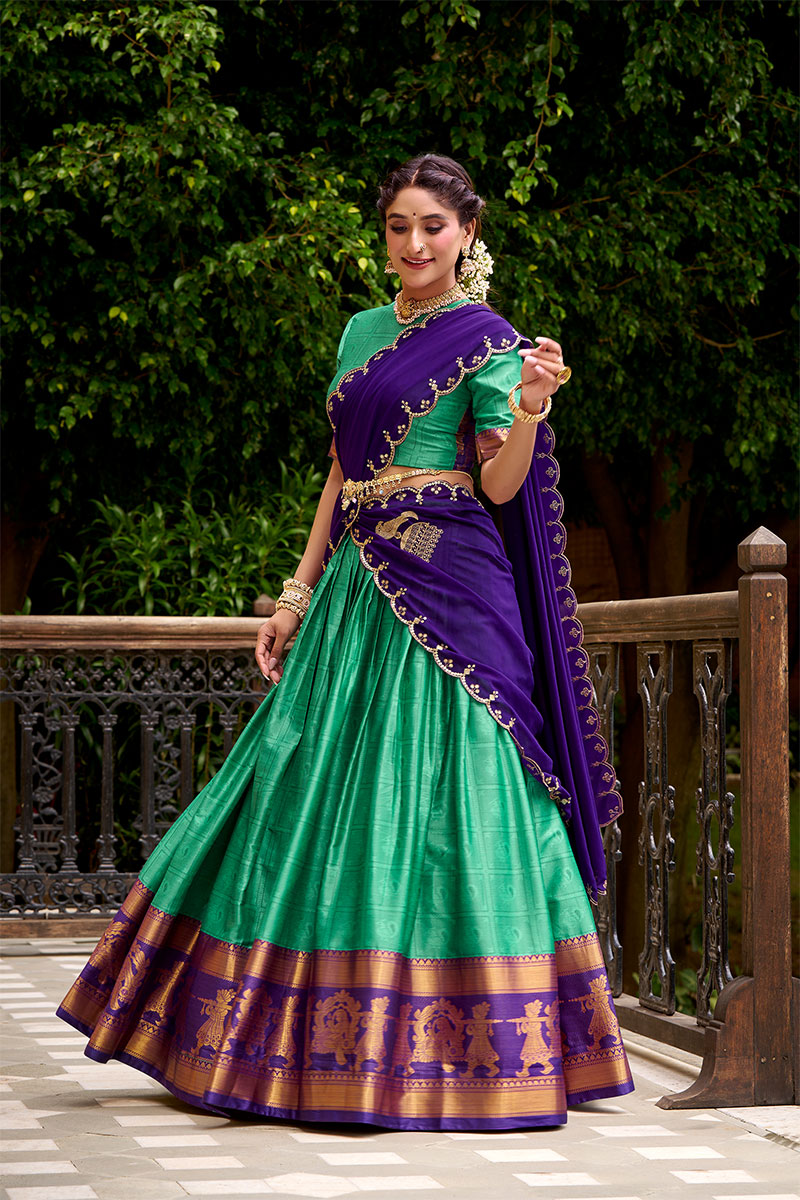 Regal Green & Purple Kanjivaram Silk Lehenga with Embroidered Dupatta PR