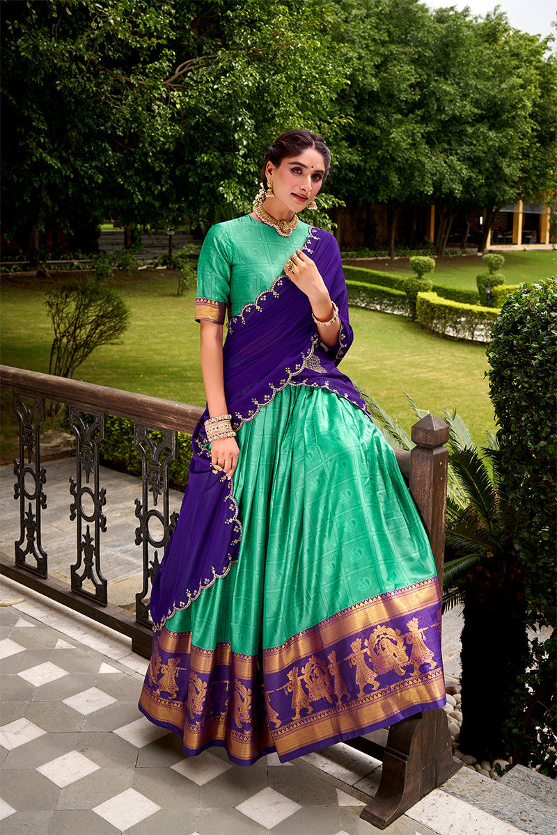 Regal Green & Purple Kanjivaram Silk Lehenga with Embroidered Dupatta PR