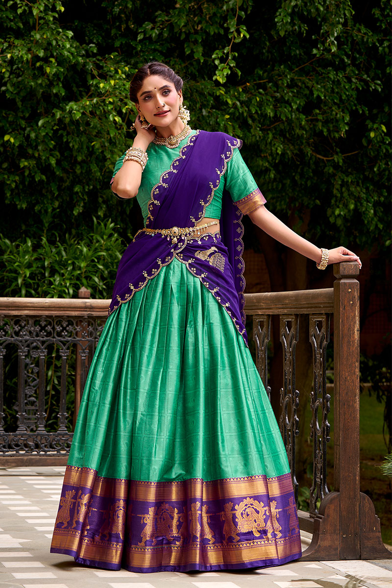 Regal Green & Purple Kanjivaram Silk Lehenga with Embroidered Dupatta PR