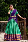 Regal Green & Purple Kanjivaram Silk Lehenga with Embroidered Dupatta PR