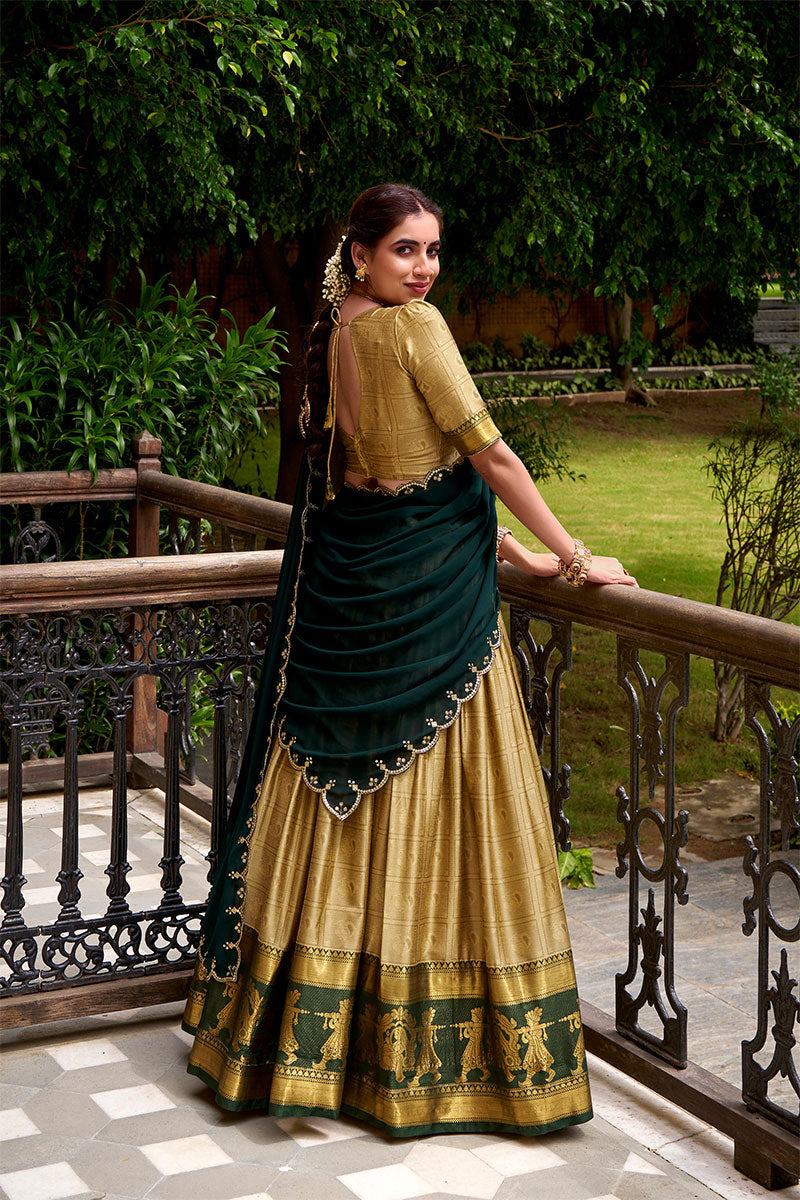Beige Poly Cotton Lehenga with Green Embroidered Dupatta PR