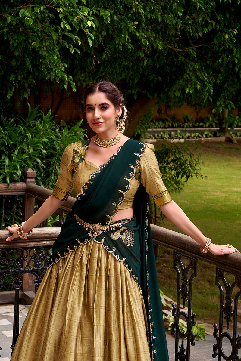Beige Poly Cotton Lehenga with Green Embroidered Dupatta PR