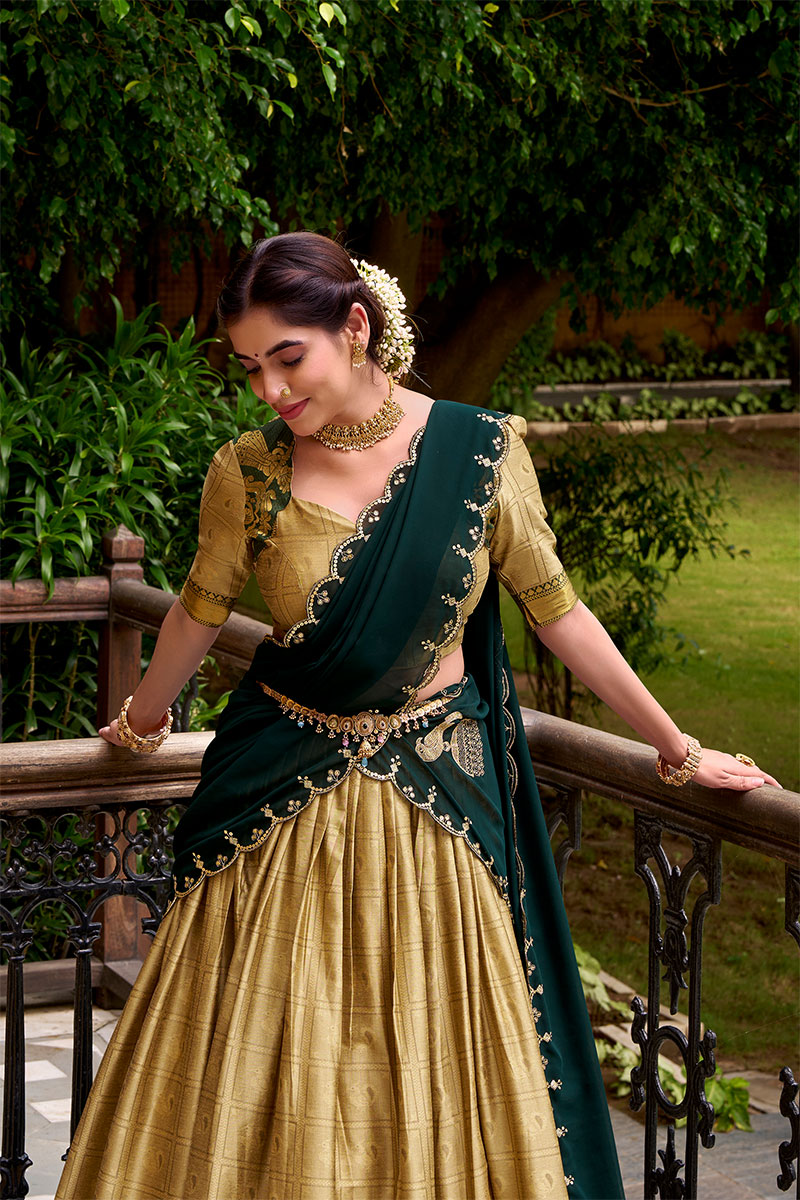 Beige Poly Cotton Lehenga with Green Embroidered Dupatta PR