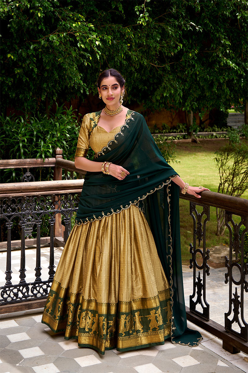 Beige Poly Cotton Lehenga with Green Embroidered Dupatta PR