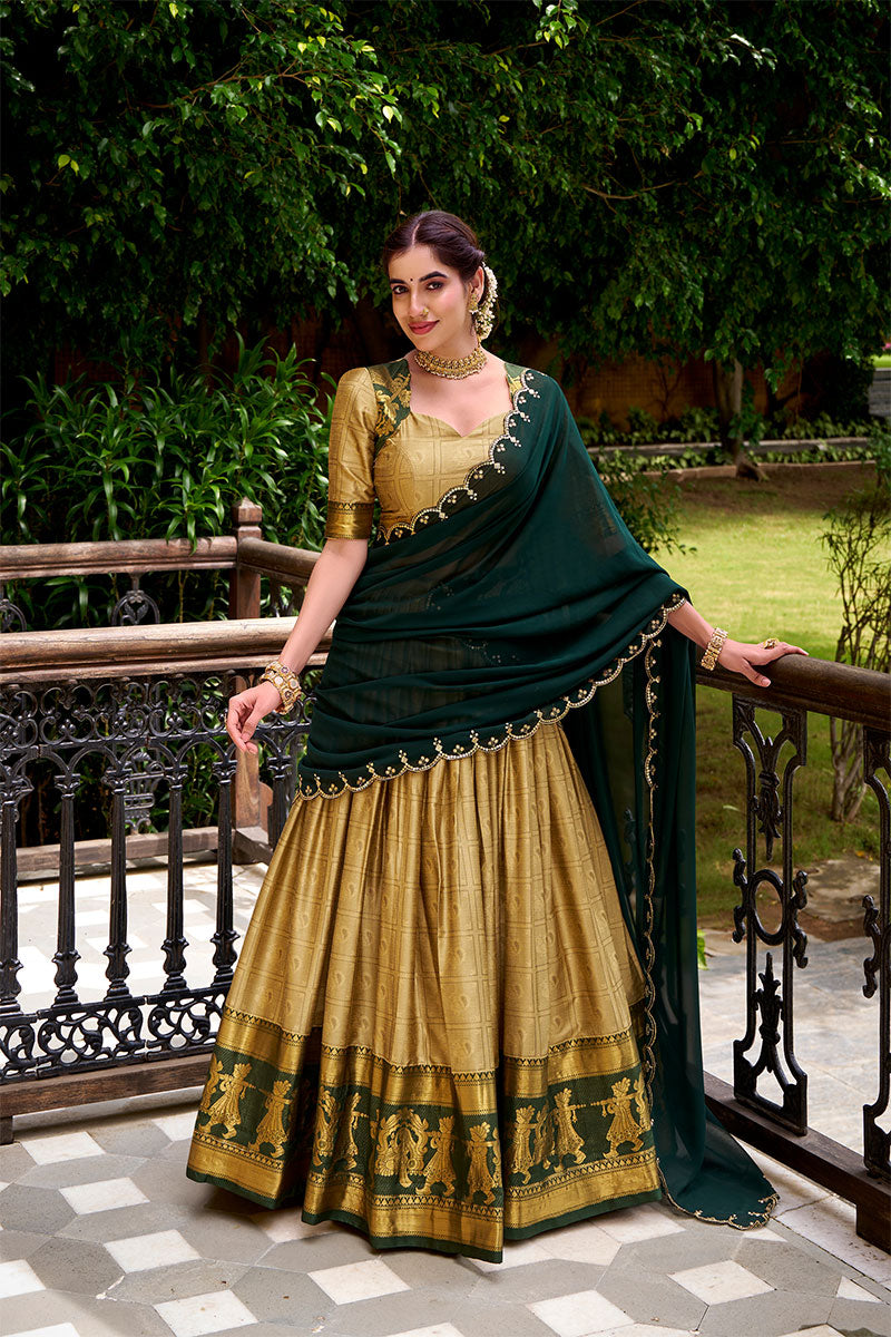 Beige Poly Cotton Lehenga with Green Embroidered Dupatta PR