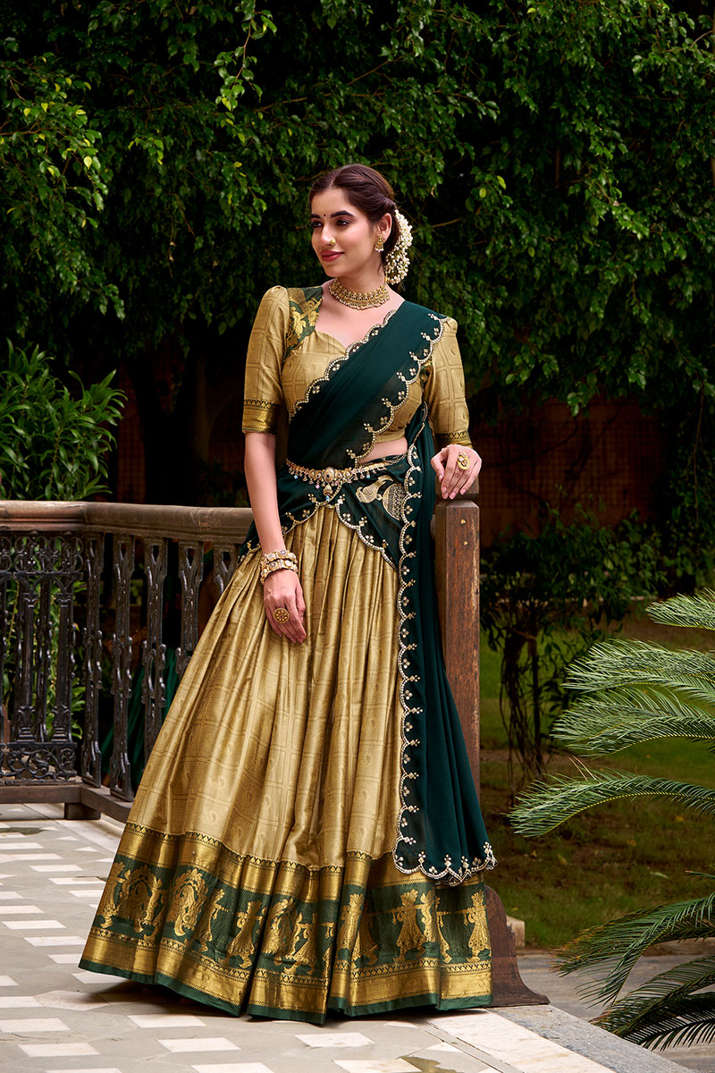 Beige Poly Cotton Lehenga with Green Embroidered Dupatta PR